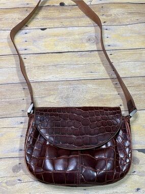 Brown Croc-Embossed Leather Crossbody Bag 100% real Alligator